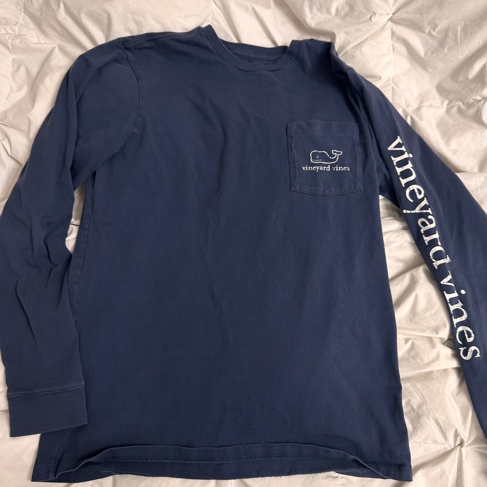 Vineyard Vines Navy Long-Sleeve Pocket Tee with White Logo and Sleeve Text